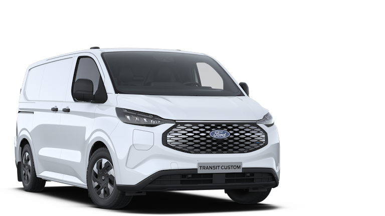 Ford E-Transit Custom weiss, Sicht von drei Vierteln vorne