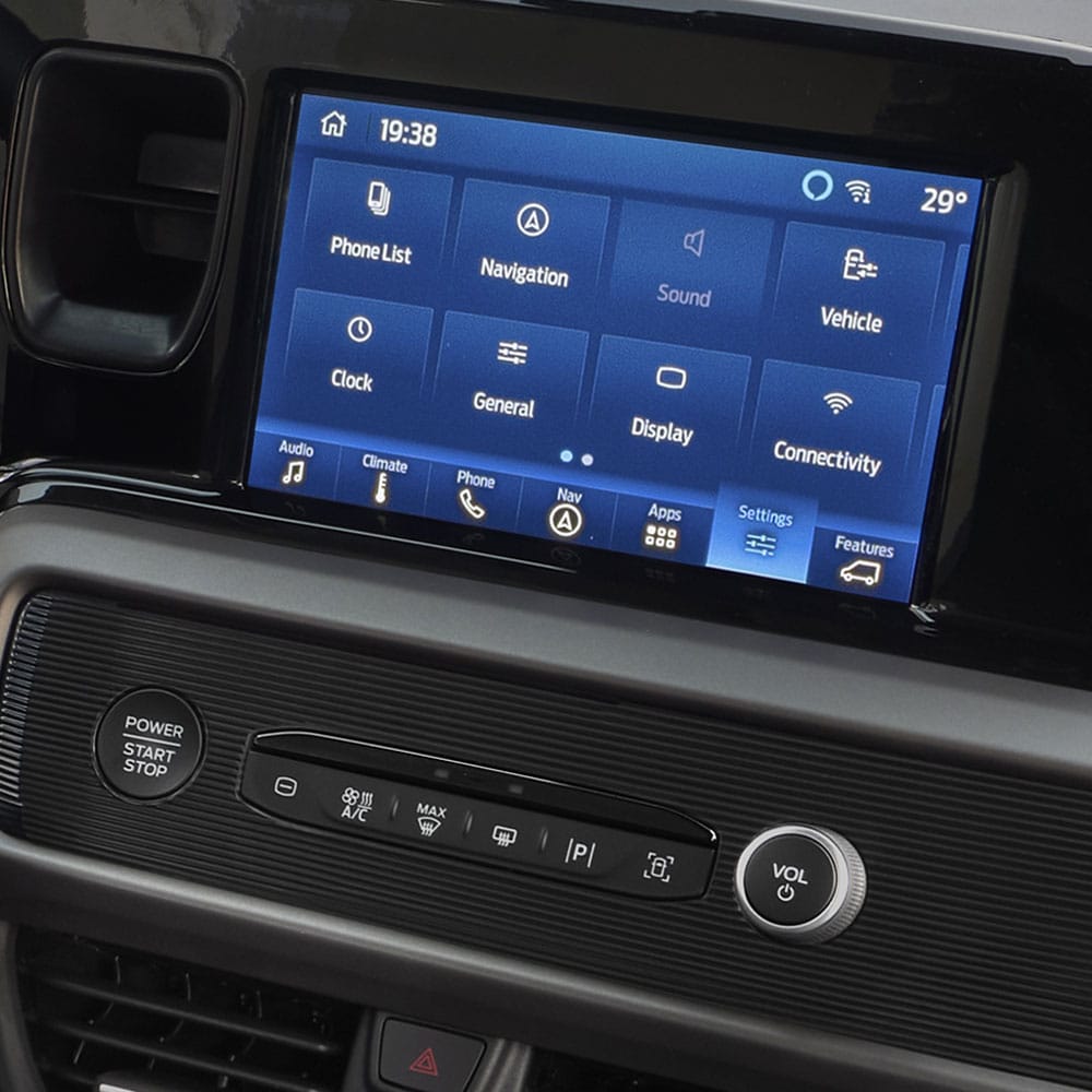 Ford Tourneo Courier Innenraum. Detailansicht Ford SYNC 4-Touchscreen.