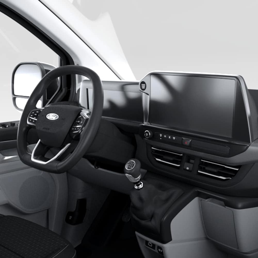 Ford Tourneo Custom Innenraum. Detailansicht Lenkrad und Touchscreen.