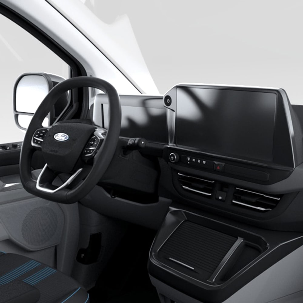 Ford Tourneo Custom Innenraum. Detailansicht Lenkrad und Touchscreen.