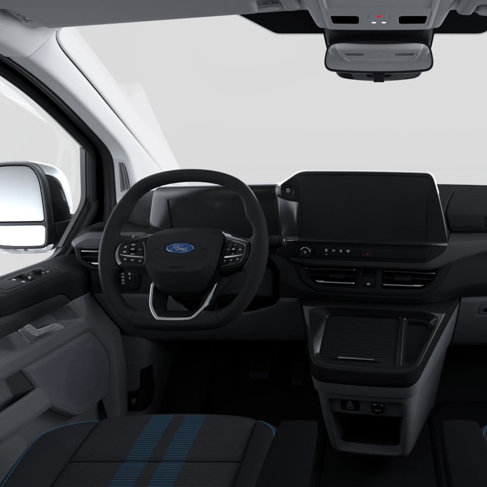 Ford Tourneo Custom Innenraum. Detailansicht Fahrerseite, Lenkrad und Touchscreen.