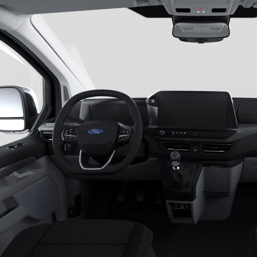 Ford Tourneo Custom Innenraum. Detailansicht Lenkrad und Touchscreen.