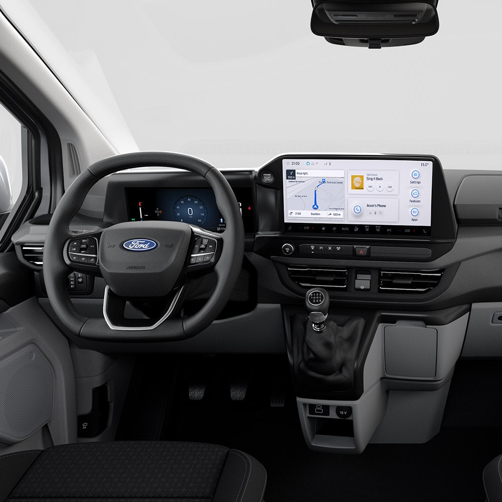 Ford Tourneo Custom Innenraum. Ansicht auf Lenkrad, Ford SYNC 4-Touchscreen und Schaltgetriebe.