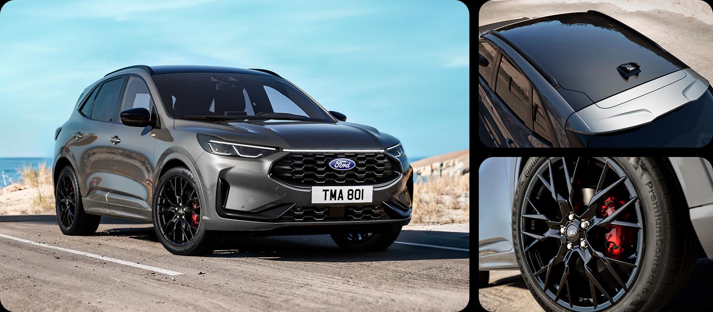 Ford Kuga in Grau mit Black Package-Styling Paket. Daneben eine Nahaufnahme der 20-Zoll-Alufelgen in Schwarz und schwarzen Außendetails.
